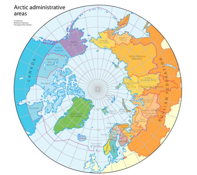 Régions administratives de l'Arctique. Crédit : Compiled by Winfried K. Dallmann, Norwegian Polar Institute / Arctic Council
