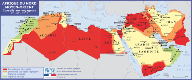 La carte des conseils aux voyageurs du Quai d'Orsay pour l'Afrique du Nord. Crédit Ministère des affaires étrangères.