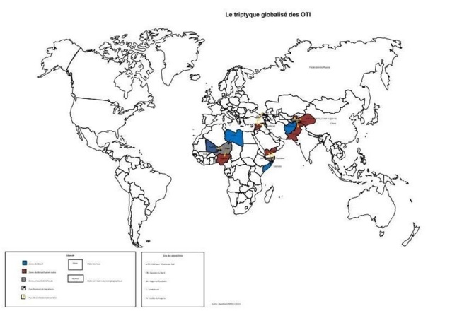 Carte n°2 - L’Asie centrale au cœur du processus de déstabilisation djihadiste (source : GAÜZERE David, « Le triptyque des organisations terroristes islamistes : Asie centrale, Caucase, Afrique sahélienne, Corne de l’Afrique », Revue de Défense Nationale, N° 756, Paris, Janvier 2013, p. 91)