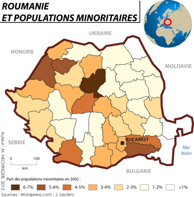 Répartition des 619 007 Roms de Roumanie (3,25 % de la population)