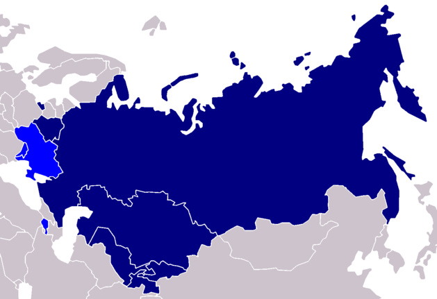 Carte de l’Union eurasiatique à ce jour. En bleu clair l’Ukraine, la Moldavie et l’Arménie, potentiels participants.