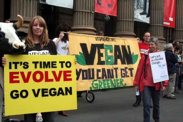 A pro-vegan gathering at Melbourne Walk against Warming. Crédit Takver