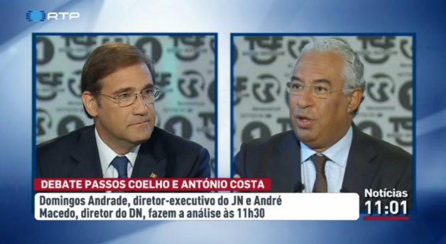 Débat télévisuel entre Pedro Passos Coelho (PSD, à gauche) et António Costa (PS, à droite), le 17 septembre 2015. Source : RTP Débat télévisuel entre Pedro Passos Coelho (PSD, à gauche) et António Costa (PS, à droite), le 17 septembre 2015. Source : RTP