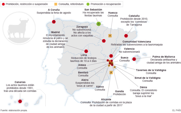 Carte de la situation actuelle de la tauromachie en Espagne - Source : El País Carte de la situation actuelle de la tauromachie en Espagne - Source : El País