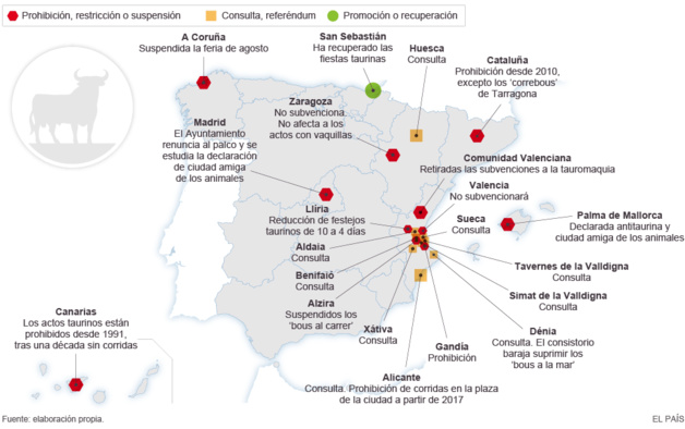 Carte de la situation actuelle de la tauromachie en Espagne - Source : El País