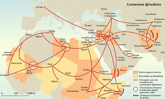 Carte « Connexions djihadistes », Mini Atlas l'État du Monde 2014