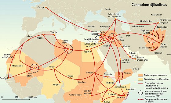 Carte « Connexions djihadistes », Mini Atlas l'État du Monde 2014 Carte « Connexions djihadistes », Mini Atlas l'État du Monde 2014