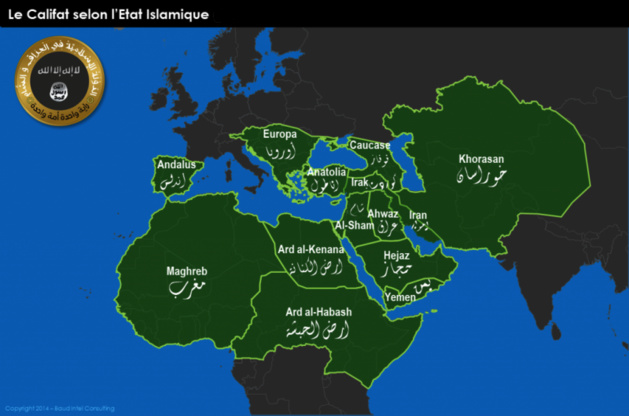 Carte « Le Califat selon l'État Islamique » (juin 2014)