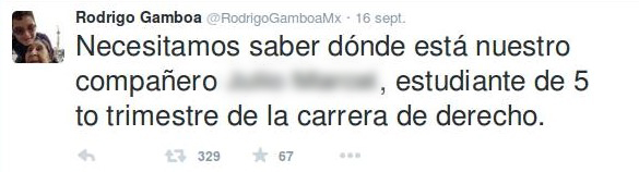 “Necesitamos saber dónde está nuestro amigo Pedro, estudiante de quinto semestre de derecho”. Captura de pantalla Twitter