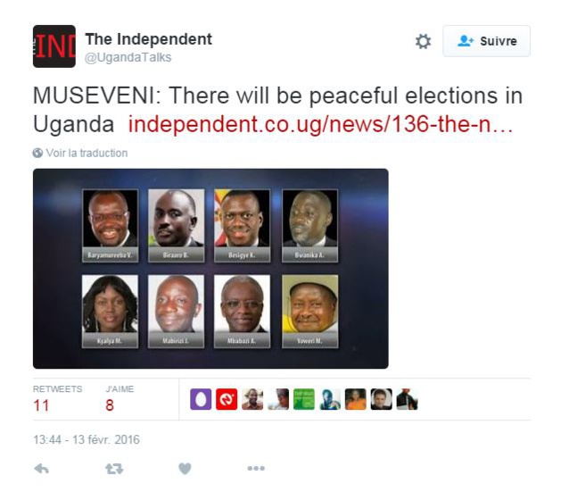 Sans surprise, M. Museveni ne s’en est pas inquiété, et a promis une élection dans la paix. Sans surprise, M. Museveni ne s’en est pas inquiété, et a promis une élection dans la paix.