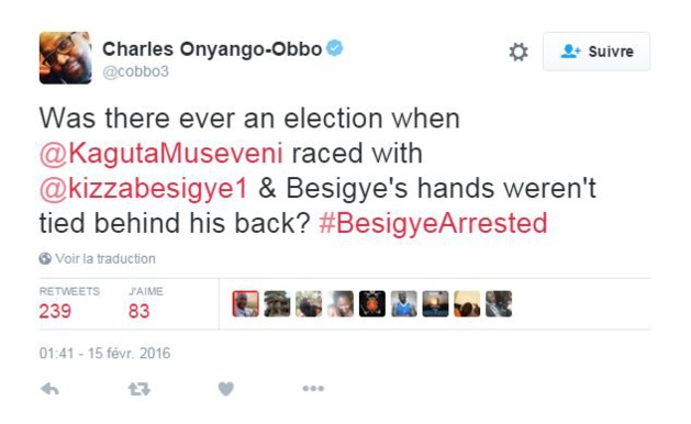 « Y a-t-il déjà eu une élection entre Museveni et Besigye lors de laquelle Besigye n’a été menotté les mains dans le dos ? », s’est interrogé le journaliste Charles Onyango Obbo. « Y a-t-il déjà eu une élection entre Museveni et Besigye lors de laquelle Besigye n’a été menotté les mains dans le dos ? », s’est interrogé le journaliste Charles Onyango Obbo.
