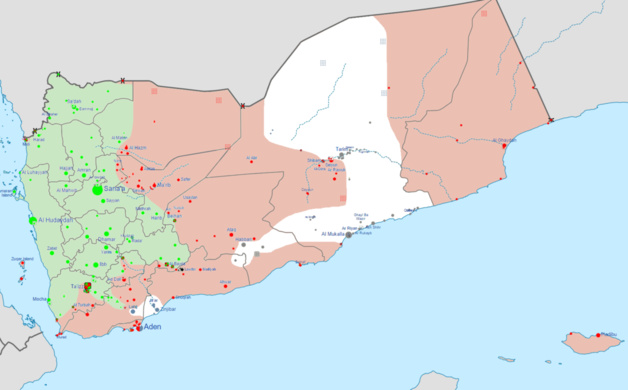 Carte du Yémen de février 2016 montrant en vert les territoires sous contrôle des Houthis et des loyalistes d’Ali Abdullah Saleh ; en rouge les loyalistes de Abd Rabbo Mansour Hadi ; en blanc AQPA et en gris les positions de l’EI. Crédit : 0ali1 (contributeur Wikimedia Commons, licence CC BY-SA 4.0).