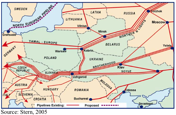 Carte de 2005 présentant le réseau de gazoducs en Europe. Crédit Jonathan Stern