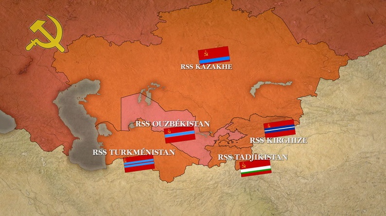 Les Républiques socialistes soviétiques en Asie centrale. Crédit : ddc.arte.tv Les Républiques socialistes soviétiques en Asie centrale. Crédit : ddc.arte.tv