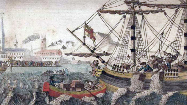 Credits: W.D. Cooper. "Boston Tea Party." The History of North America. London: E. Newberry, 1789. Engraving. Plate opposite p. 58. Rare Book and Special Collections Division, Library of Congress (40)
