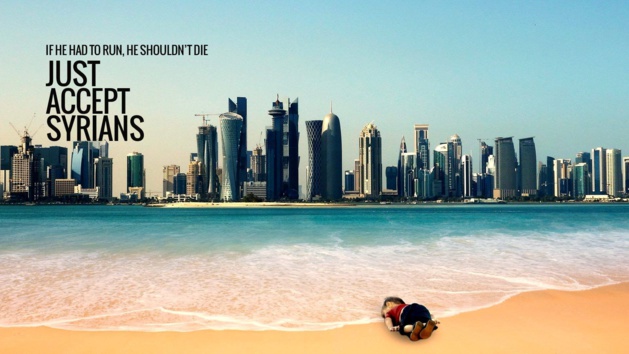 Propaganda da foto de Aylan, caído diante de Doha, capital do Catar.