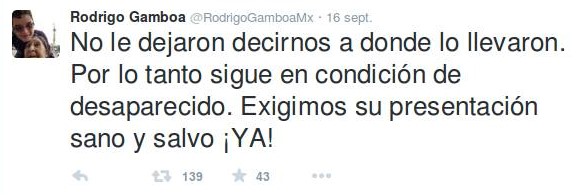 “Ellos no le dieron tiempo de decirnos a dónde lo estaban llevando. Por esto, sigue considerado como desaparecido. Exigimos que nos lo presenten sano y salvo. ¡Inmediatamente!” Captura de pantalla Twitter