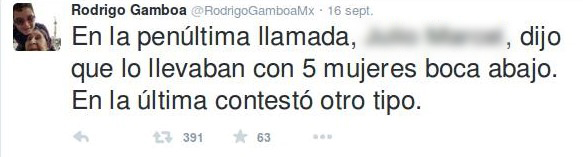 “Durante la penúltima llamada, Pedro dijo que lo llevaban con cinco mujeres, cabeza abajo. Durante la última llamada, otro tipo contestó”. Captura de pantalla Twitter