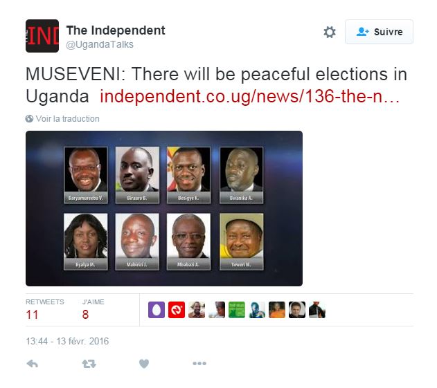 Sans surprise, M. Museveni ne s’en est pas inquiété, et a promis une élection dans la paix.