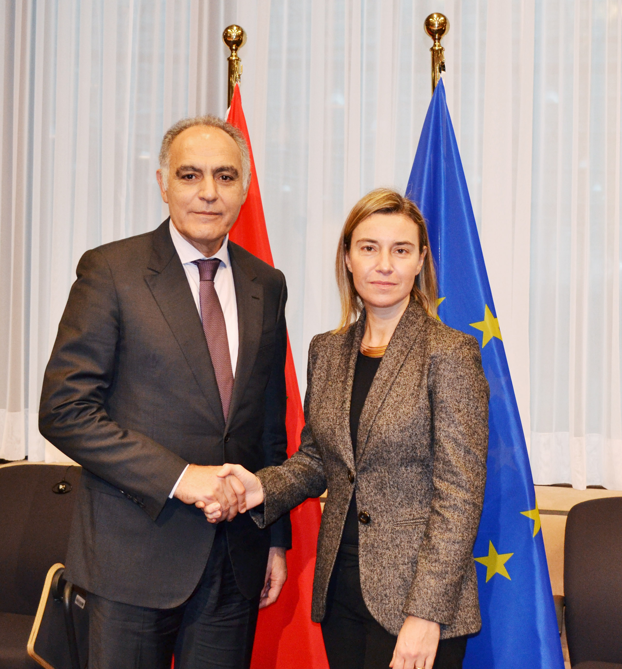 Salaheddine Mezouar, ministre marocain des Affaires étrangères et de la Coopération, et Federica Mogherini, Haute représentante de l'UE pour la politique extérieure et la sécurité commune, à Bruxelles le 14 décembre 2014. Crédit : The Council of the European Union (usage éditorial).