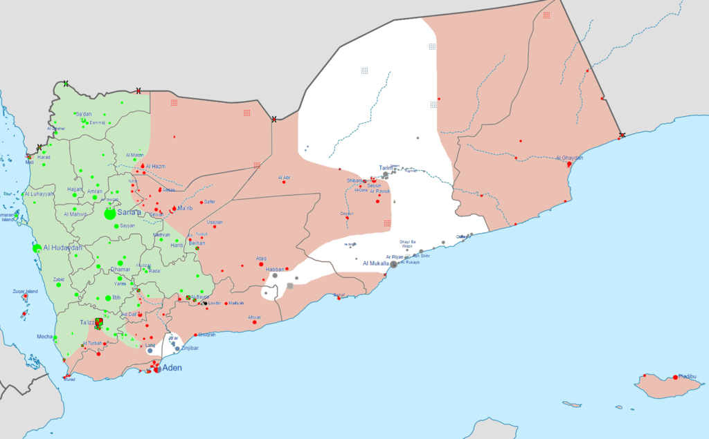 Carte du Yémen de février 2016 montrant en vert les territoires sous contrôle des Houthis et des loyalistes d’Ali Abdullah Saleh ; en rouge les loyalistes de Abd Rabbo Mansour Hadi ; en blanc AQPA et en gris les positions de l’EI. Crédit : 0ali1 (contributeur Wikimedia Commons, licence CC BY-SA 4.0). Carte du Yémen de février 2016 montrant en vert les territoires sous contrôle des Houthis et des loyalistes d’Ali Abdullah Saleh ; en rouge les loyalistes de Abd Rabbo Mansour Hadi ; en blanc AQPA et en gris les positions de l’EI. Crédit : 0ali1 (contributeur Wikimedia Commons, licence CC BY-SA 4.0).