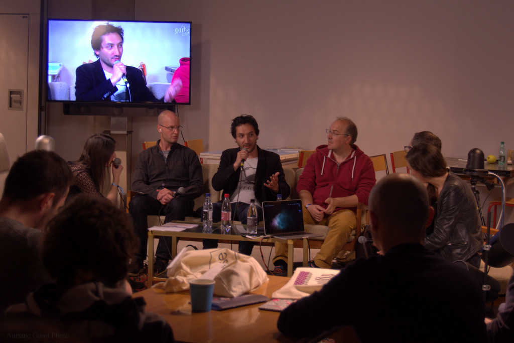 De gauche à droite : Tyron Rubin, Antoine Cayrol et Alain Damasio lors de l'European Lab 2016, « table ronde : comment la réalité virtuelle peut-elle augmenter l'expérience culturelle ? ». Crédit Auriane Guiot.